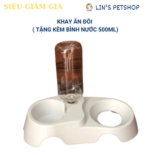Bát ăn đôi kèm bình nước tự động cho chó mèo- tặng kèm bình nước 500ml.