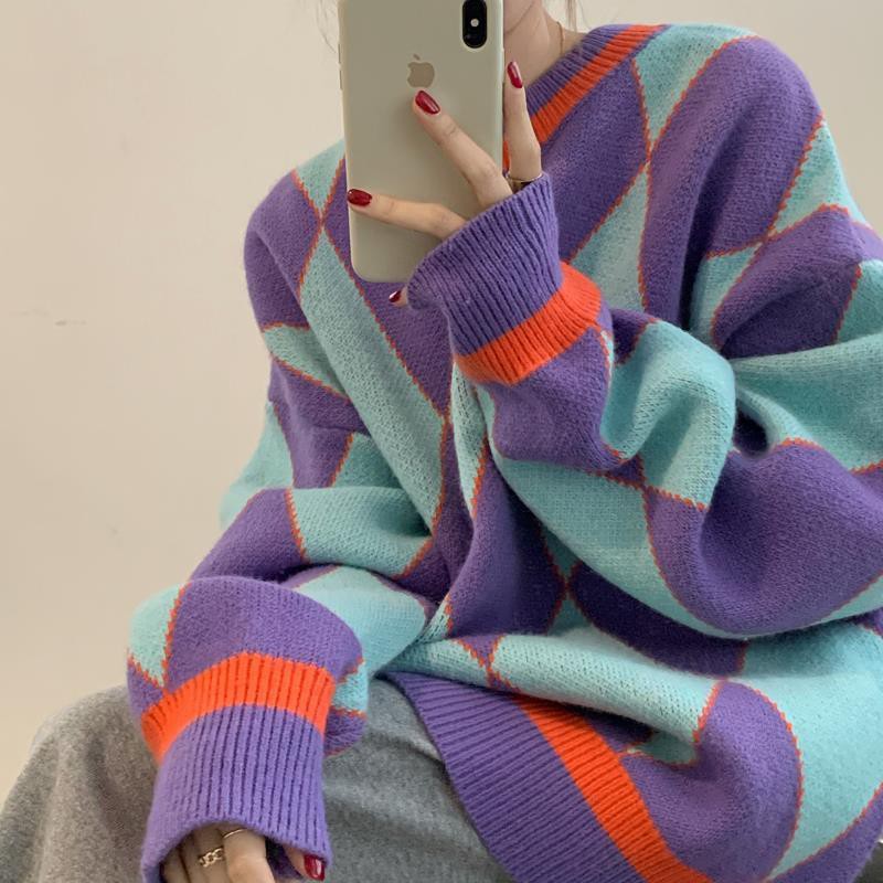 Áo Sweater Dệt Kim Dáng Rộng Màu Sắc Tương Phản Phong Cách Retro Hàn Quốc Cho Nữ 2021 | BigBuy360 - bigbuy360.vn