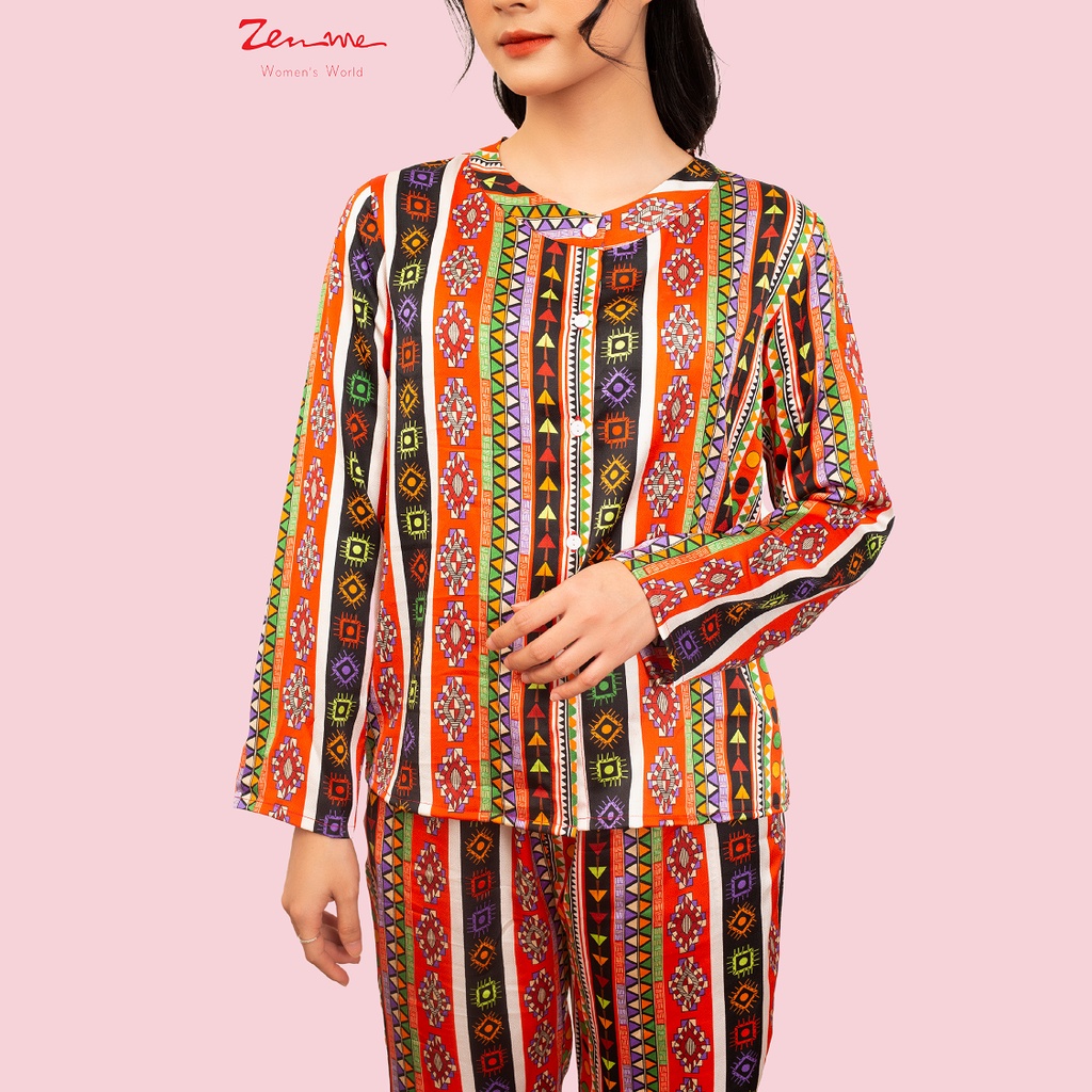 Đồ Bộ Nữ Zen Me Bộ Mặc Nhà Cổ Tàu Tay Dài Quần Dài Chất Lụa Satin Cao Cấp Họa Tiết Thổ Cẩm Lạ Mắt | BigBuy360 - bigbuy360.vn