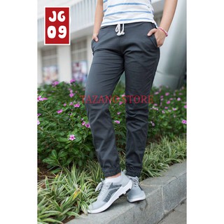 Quần jogger nữ kaki co dãn màu xám ghi, eo co giãn ống chun