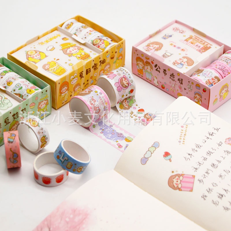 Hộp 4 cuộn washi tape + 4 tấm sticker nhiều hình cute dễ thương, băng dính washi tape CREAMY