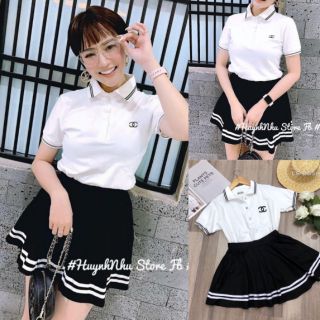 Sét áo thun tay ngắn có cổ viền đen phối chân váy xòe Cao Cấp