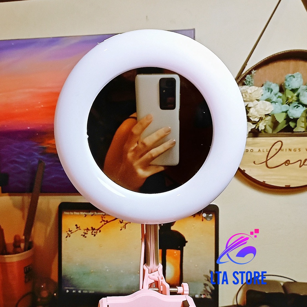 Đèn Livestream màu hồng tai thỏ siêu cute kèm gương trang điểm và giá đỡ điện thoại để bàn có thể gấp gọn đa năng
