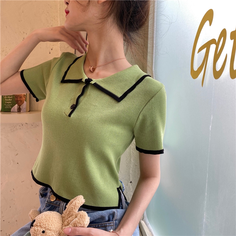 Knitted Blouse for Women Crop Top Shirt Blouse Tops Short Sleeves Knitted Tops for Womens Polo Collar Trendy Tops for Women Knit Top Formal Blouse Vintage Crochet Office Blouses for Womens Croptop for Women Korean Tops for Women Lettuce Crop Top