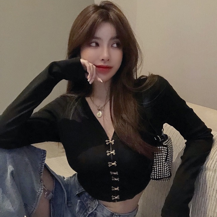 Cocory vn Áo croptop dệt kim tay dài cổ chữ V dáng ôm phong cách retro quyến rũ dành cho nữ