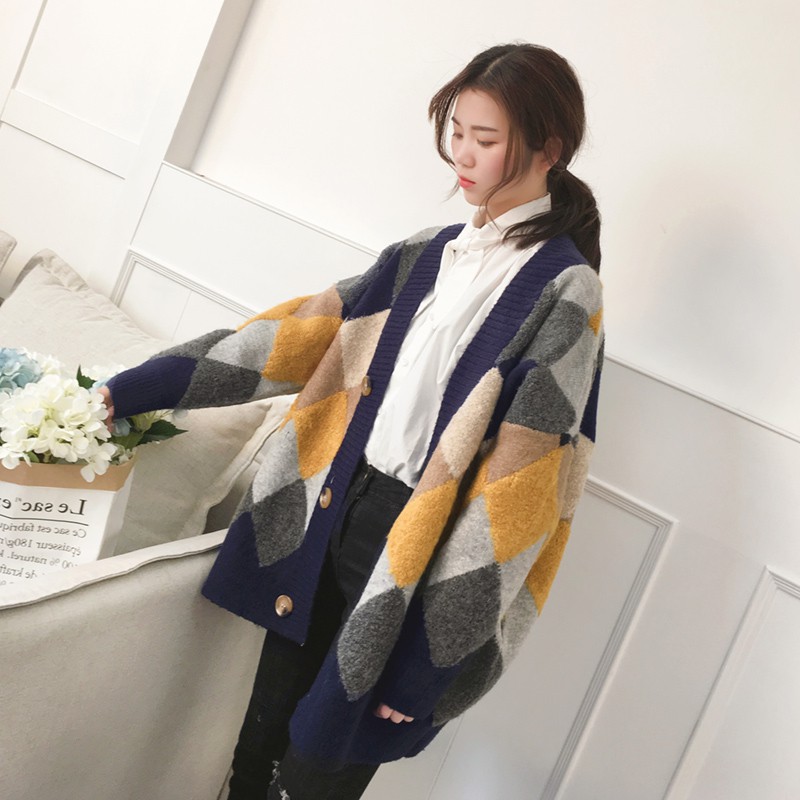 Hàng Sẵn_Áo khoác len đan rộng rãi áo thu đông dày dặn phong cách Hàn
