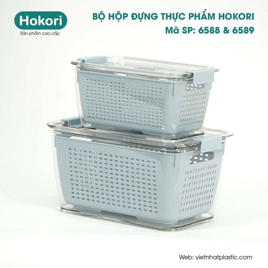 Bộ hộp đựng thực phẩm 2 lớp cao cấp Việt Nhật Hokori 6588+6589 Hộp đựng thực phẩm 2 lớp Hộp đựng rau củ luôn tươi mới