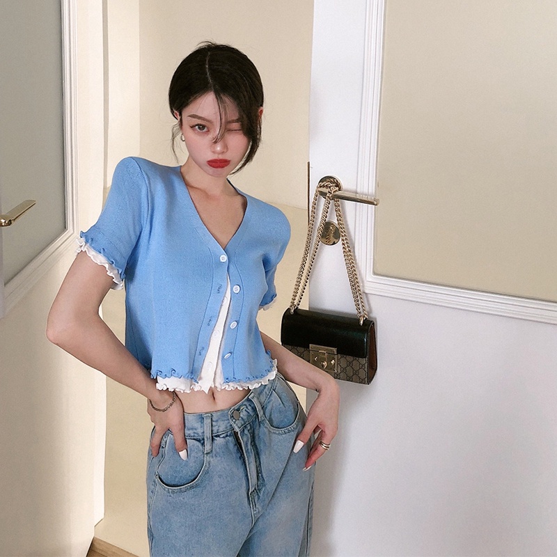 Áo kiểu ZHELIHANGFEI ngắn tay giả hai lớp cổ chữ V ôm dáng thời trang mùa hè dành cho nữ