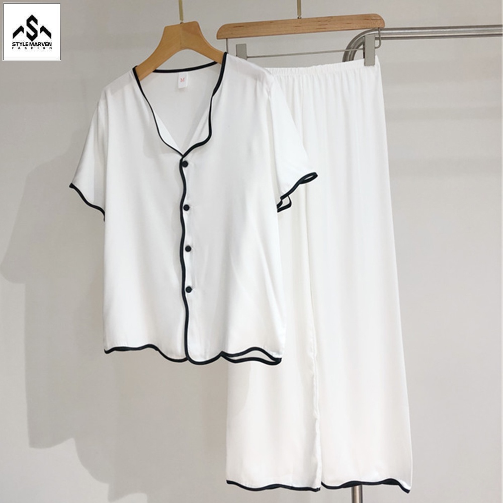 Siêu Phẩm Bộ Pijama Nữ Ngắn Tay Vải Lụa Cao Cấp Màu Trắng Thanh Lịch Thời Trang STYLE MARVEN - WM SET 015V2