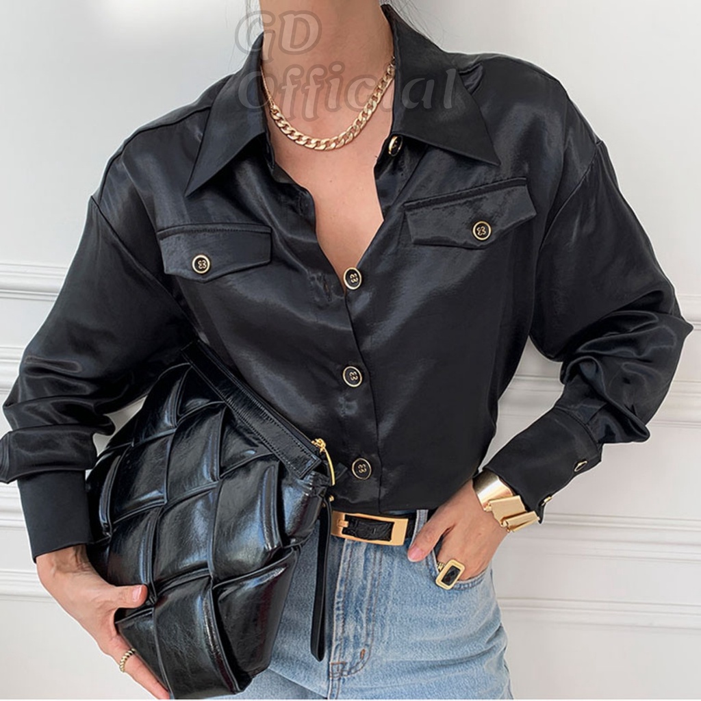 A1|Áo sơ mi nữ công sở dài tay đính nút polo rộng lụa satin, gd_order