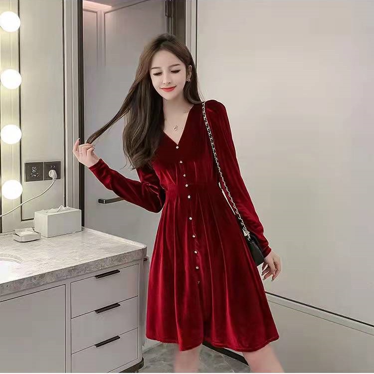 Đầm Nhung Tay Dài Cổ Chữ V Màu Đỏ/Đen Phong Cách Đơn Giản Dành Cho Nữ