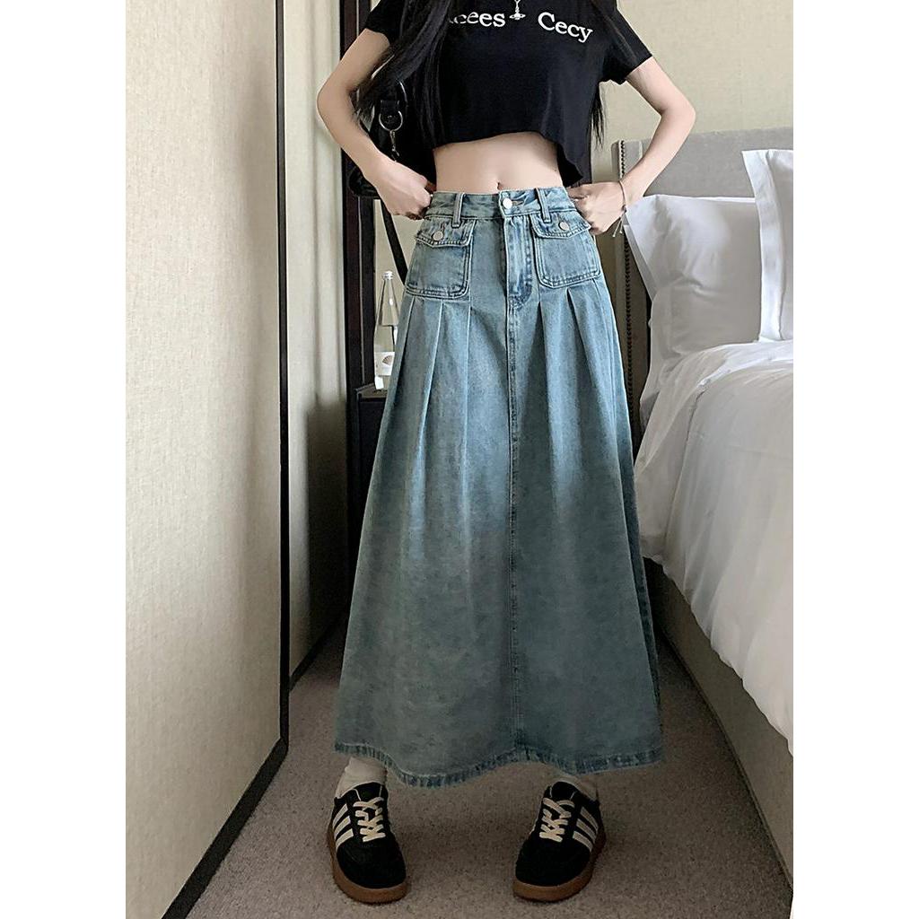 Chân Váy Denim Dài Dáng Chữ A Xếp Ly Lưng Cao Thời Trang Mùa Hè 62894