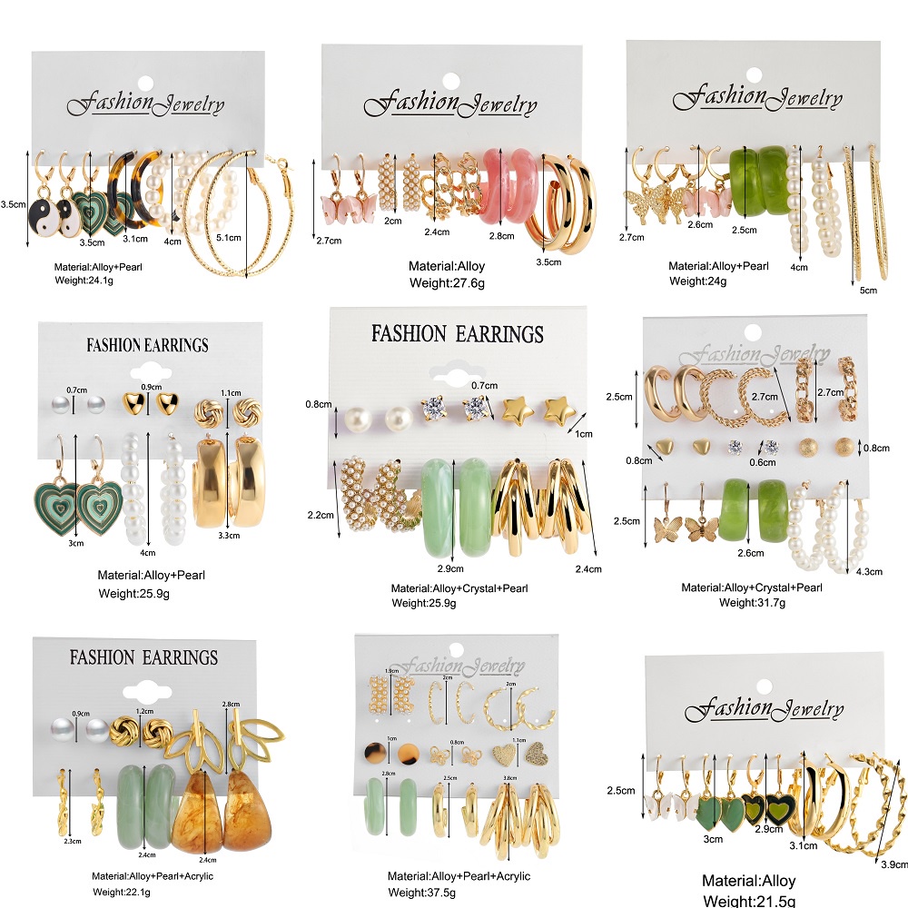 Set 6 khuyên tai Smileday dạng vòng bằng resin/đính ngọc trai giả/hình hoa sen/bươm bướm/chữ C cho nữ