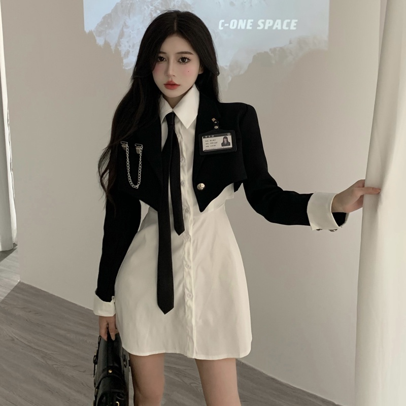 Set Áo Khoác Ngắn + Đầm Sơ Mi Nhiều Màu Sắc Phong Cách Preppy