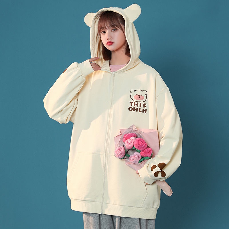 Áo Khoác Cardigan Có Mũ Trùm Đầu Hoạ Tiết Gấu Xinh Xắn Cho Nữ