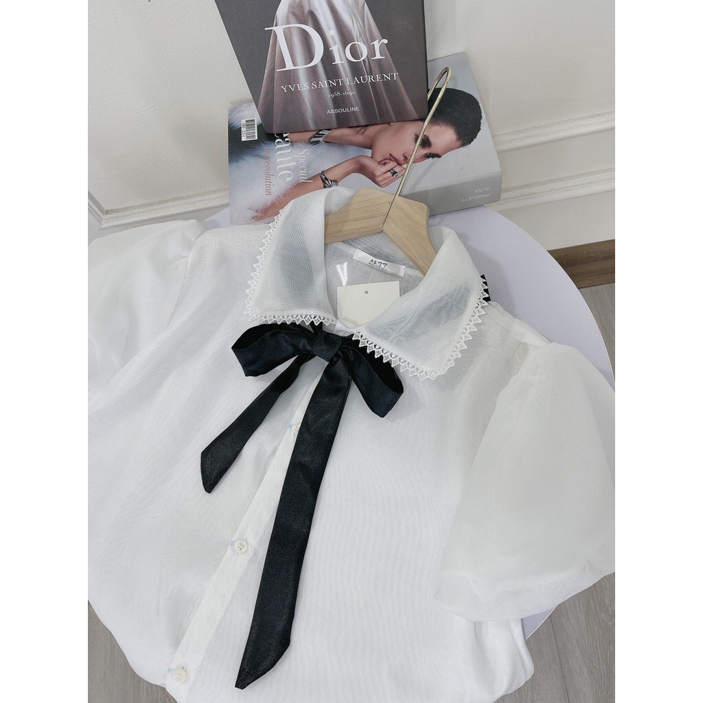 Áo babydoll voan cổ bèo viền ren thắt nơ dáng xòe,Áo Sơ mi nữ kiểu tay bồng cổ nơ cực xinh_SM Thắt Nơ
