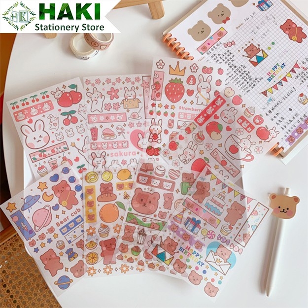 Sticker cute thỏ gấu HAKI, hình dán cute 4 tấm sticker trang trí sổ đáng yêu dễ thương giá rẻ ST22