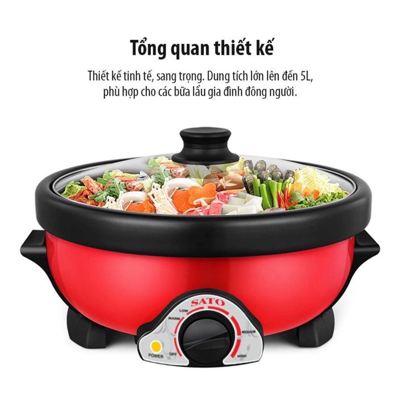 Nồi nấu lẩu,Nồi lẩu điện đa năng SATO 35NL31 Lẩu, Chiên. Xào, luộc... Dung Tích 5L/ 3.5L, bảo hành 12 tháng.