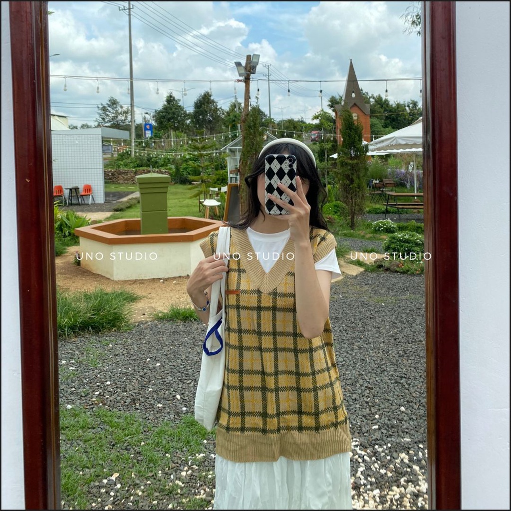 Áo gile len xanh kẻ sọc kèm hình thật