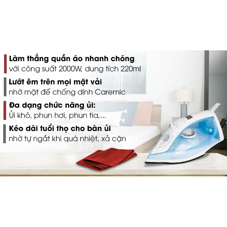 Bàn là hơi nước Philips công suất 2000W màu xanh nước biển, bảo hành 2 năm chính hãng - GC1740/20
