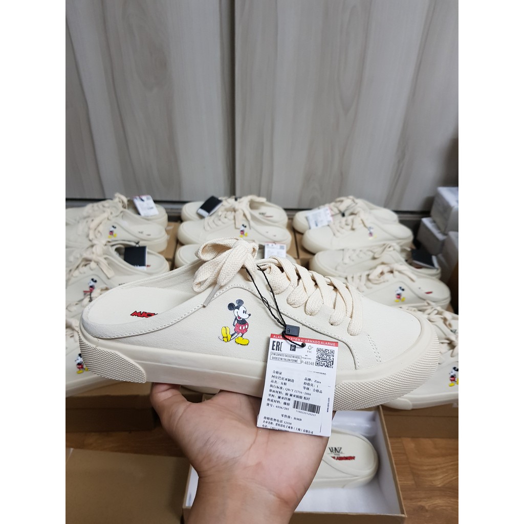 Giày Zara Lười Canvas Chuột Mickey Đạp Gót