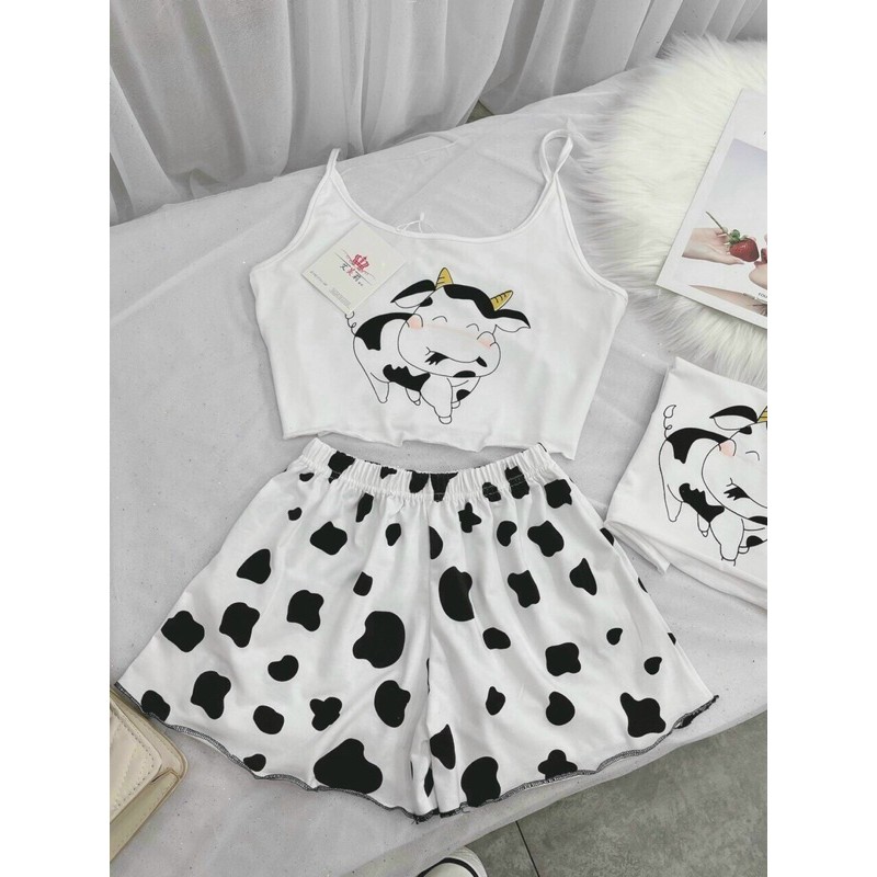Sét bộ nữ áo 2 dây bò sữa và quần lưng thun chất vải thun Borip FreeSize dưới 52kg