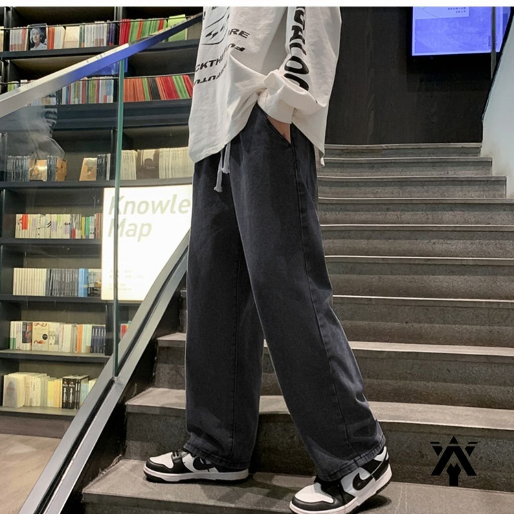 Quần Ống Rộng Nam Anyoung Quần Jean Nam Cạp Chun Chất Bò, Ống Suông Rộng Dễ Phối Đồ Phong Cách Unisex Hàn Quốc QD322
