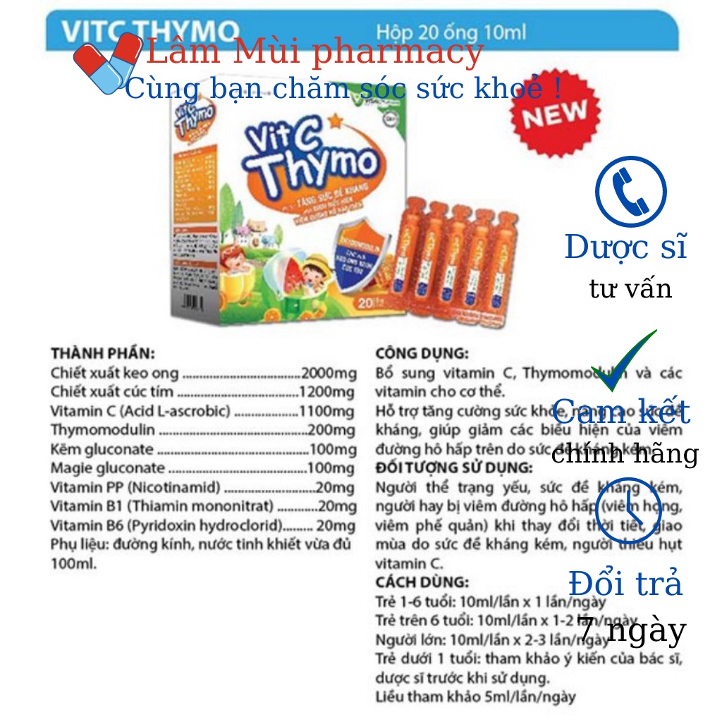 Siro tăng cường đề kháng cho trẻ thực phẩm bổ sung  Vitamin C Thymo - Hộp 20 ống