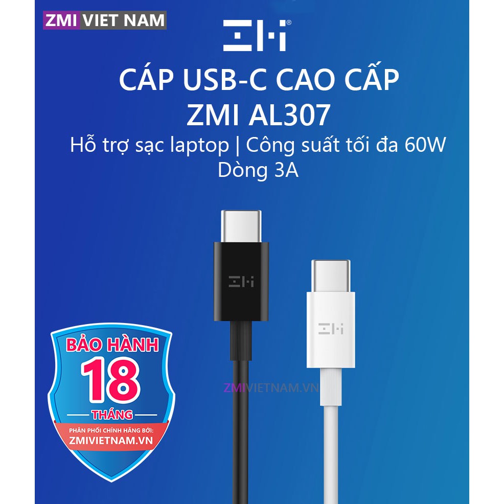 Dây Cáp Type C to Type C ZMI AL307, Dòng Điện 3A, Dài 1m | Bảo Hành 18 Tháng