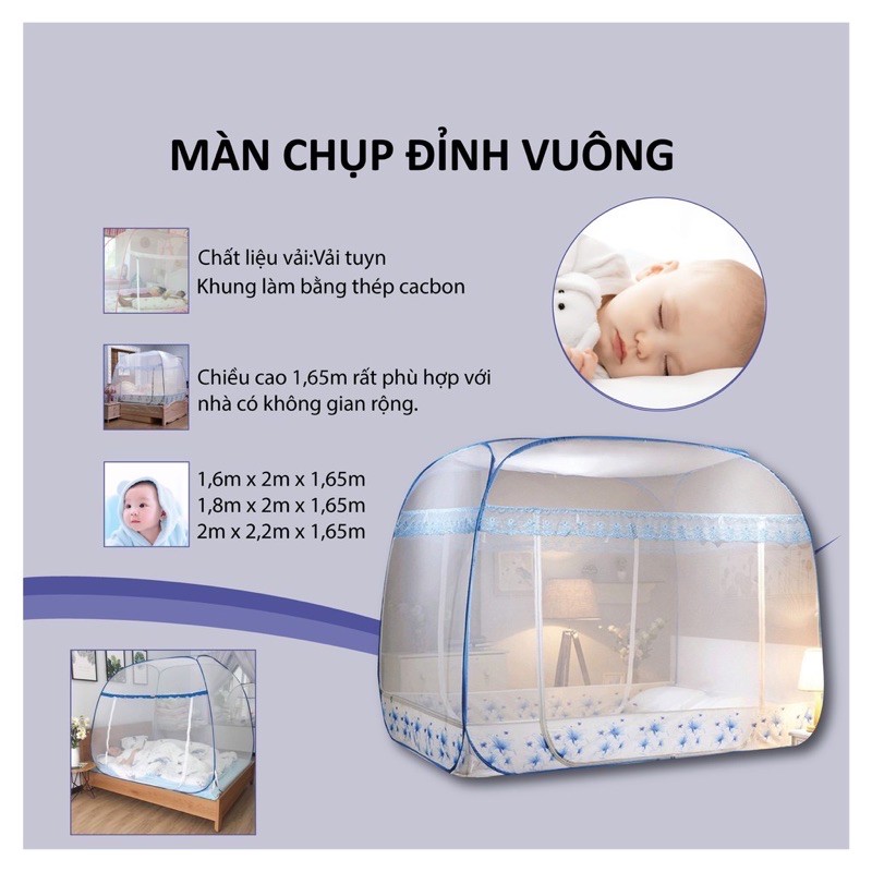 màn chụp tự bung đỉnh vuông,mùng chụp cao cấp bh 12 tháng (ảnh thật)