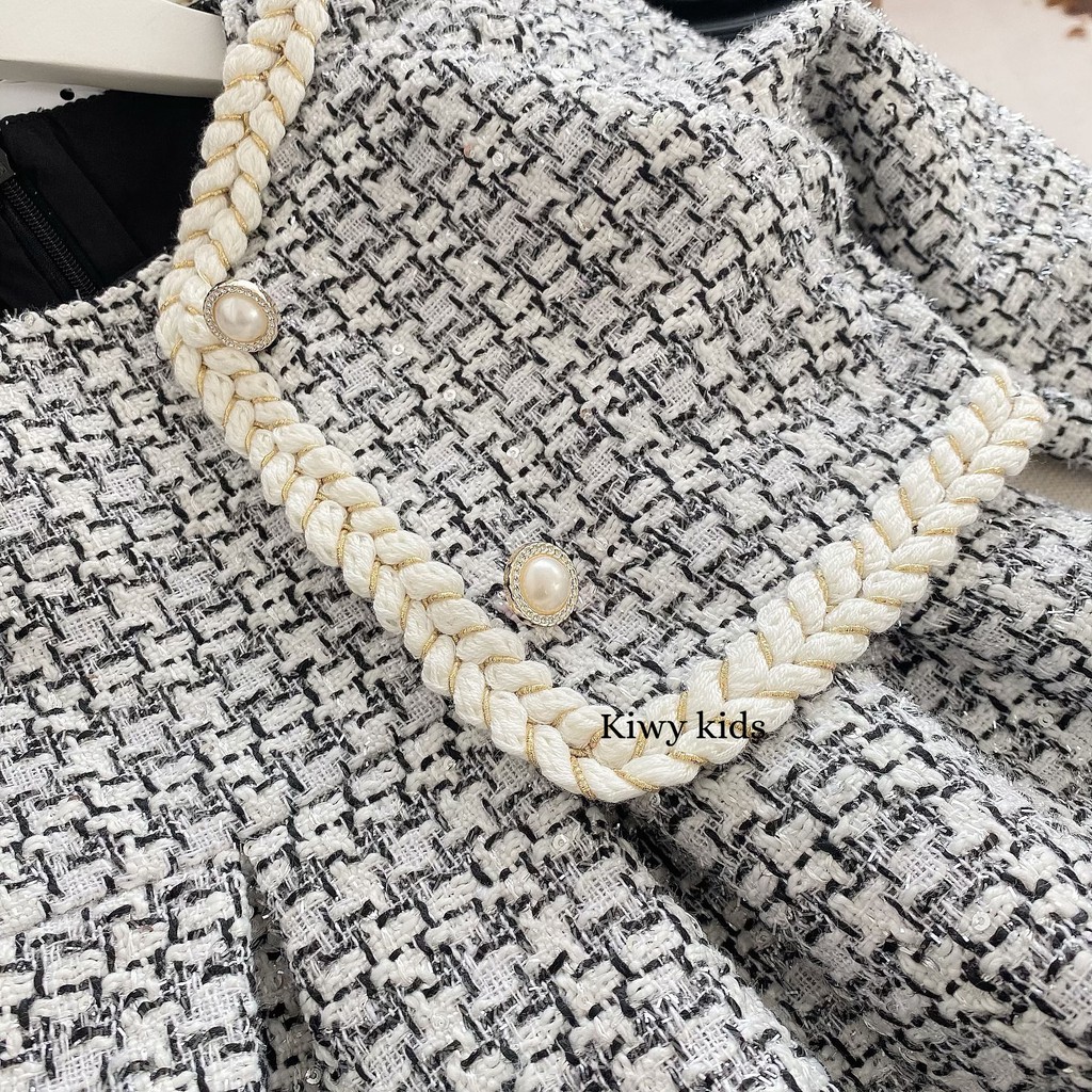 Set đồ thu đông bé gái Kiwy Kids chất liệu tweed sành điệu Kids61 gồm váy liền và áo khoác cho bé 1 đến 3 tuổi