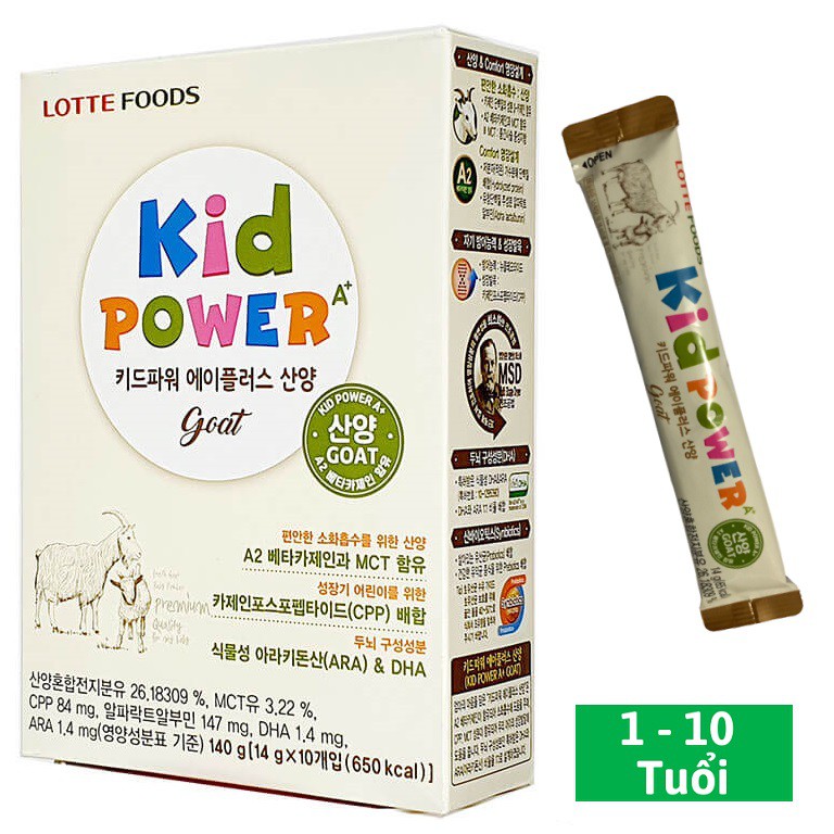 Sữa Bột Dê LOTTE Foods Kid Power A+ Hộp giấy 10 thanh (140g)