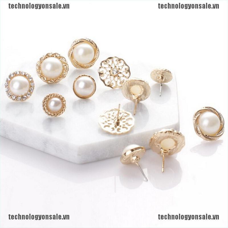 [Tech] 6 Pairs Elegant Crystal Rhinestone Diamond Pearl Sign Ears Tiny Studs Earrings [VN]