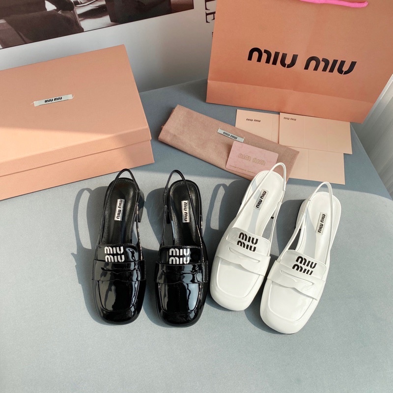 Giày cao gót mũi vuông quai hậu thương hiệu Miu Miu da thật cao cấp