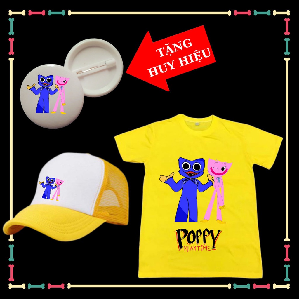 Combo Mũ /Nón+ Áo thun cổ tròn in hình Huggy và Kissy dễ thương cho trẻ em - Tặng Huy hiệu Huggy Wuggy xịn xò