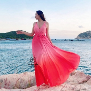 HOANGYEN - Đầm maxi loang màu đi biển không hở lưng voan lụa hồng đỏ