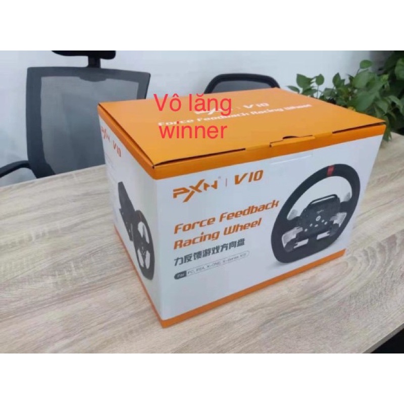 Bộ vô lăng chơi game đua xe PXN V10. bao gồm bàn đạp và cần số.
