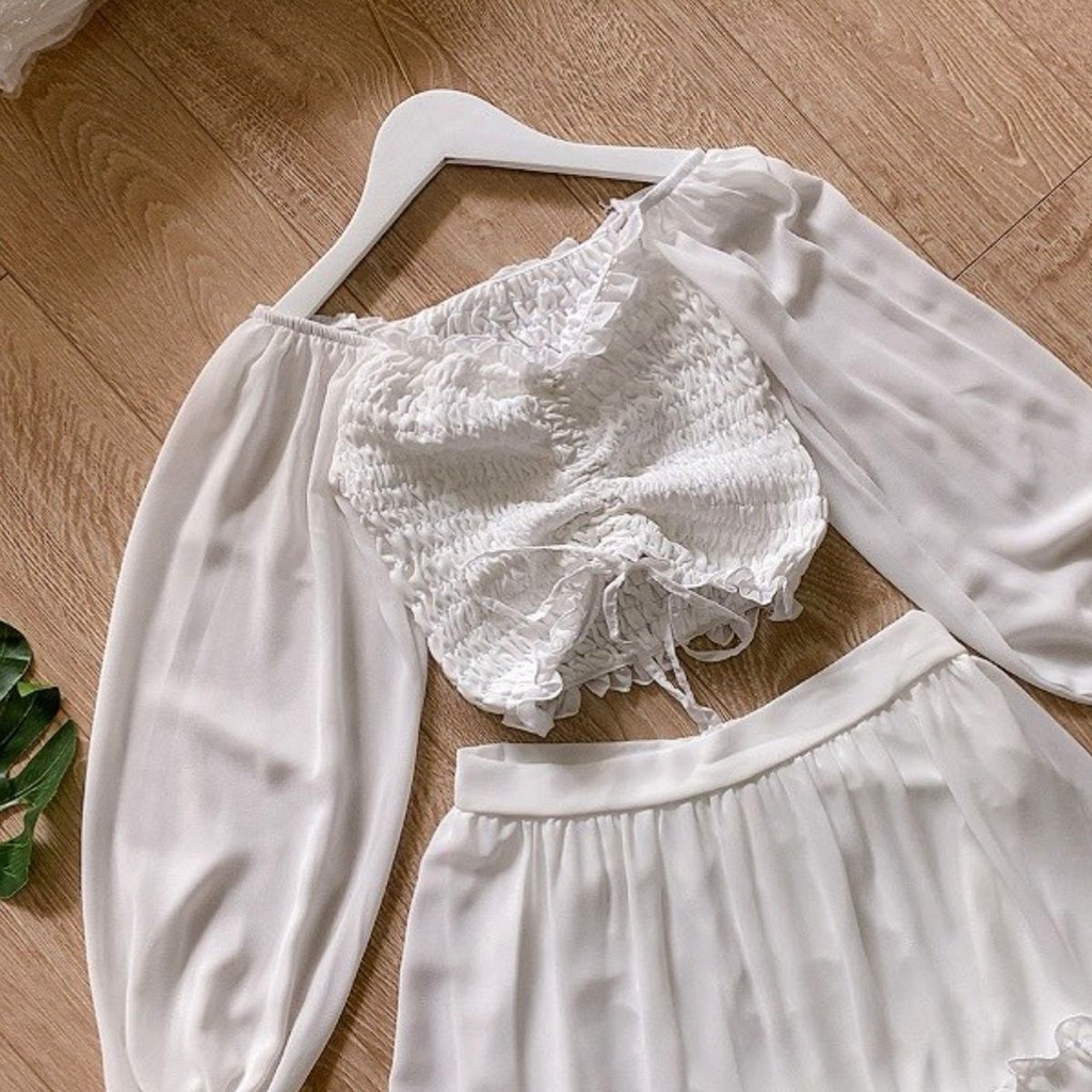 Set váy maxi bo chun nhún với chân váy bèo tầng tiểu thư cá tính phong cách thời trang XUKA-DRESS MT066 chất Voon