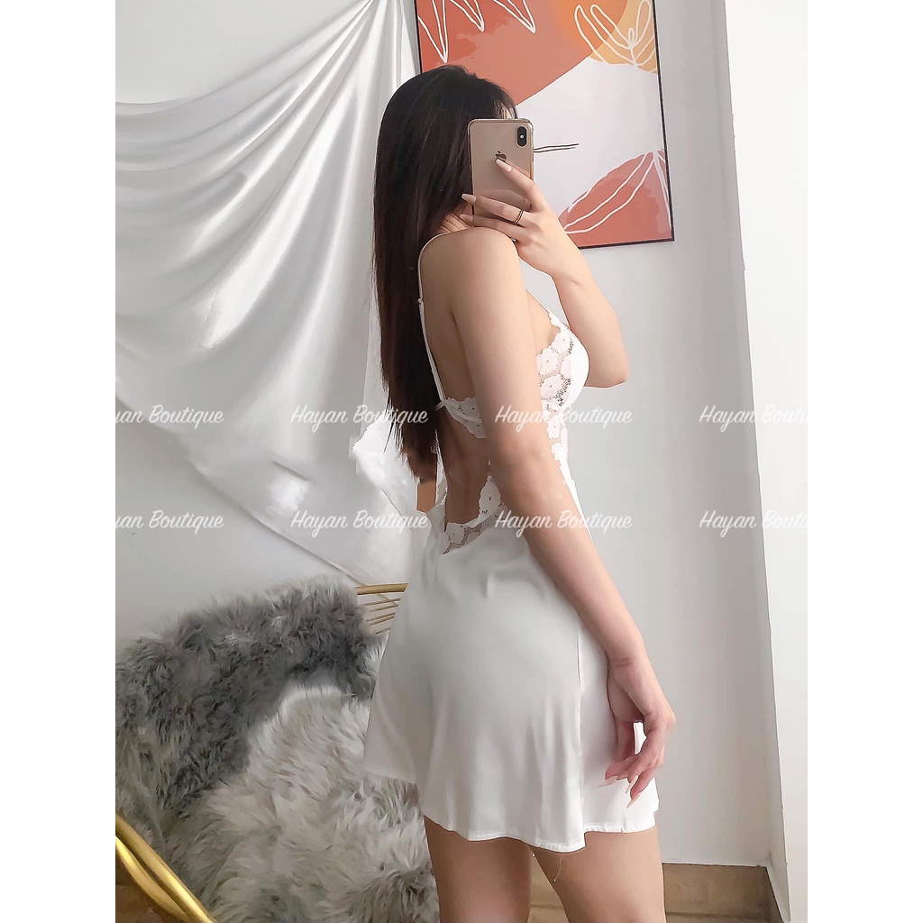 HT40 Váy ngủ sexy lụa phối ren hoa kèm ĐỆM LÓT, đồ ngủ 2 dây quyến rũ gợi cảm HT40