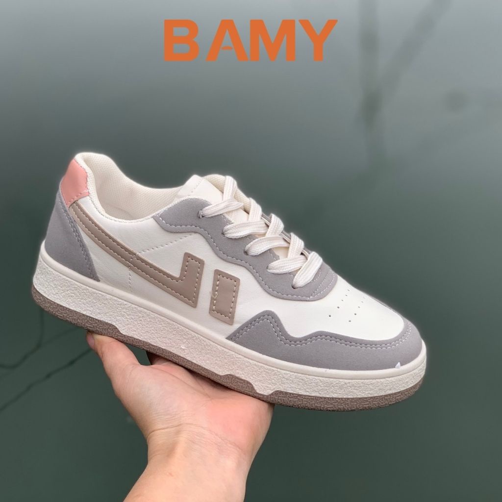 Giày thể thao nữ WARRIOR đế bằng màu xám hồng, Giày Sneaker nữ BAMY đế bánh mì dáng basic cao 3 phân