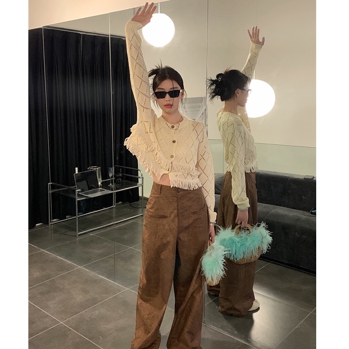QKOOLE  Áo Khoác cardigan Dệt Kim Tay Dài Phong Cách Hàn Quốc croptop