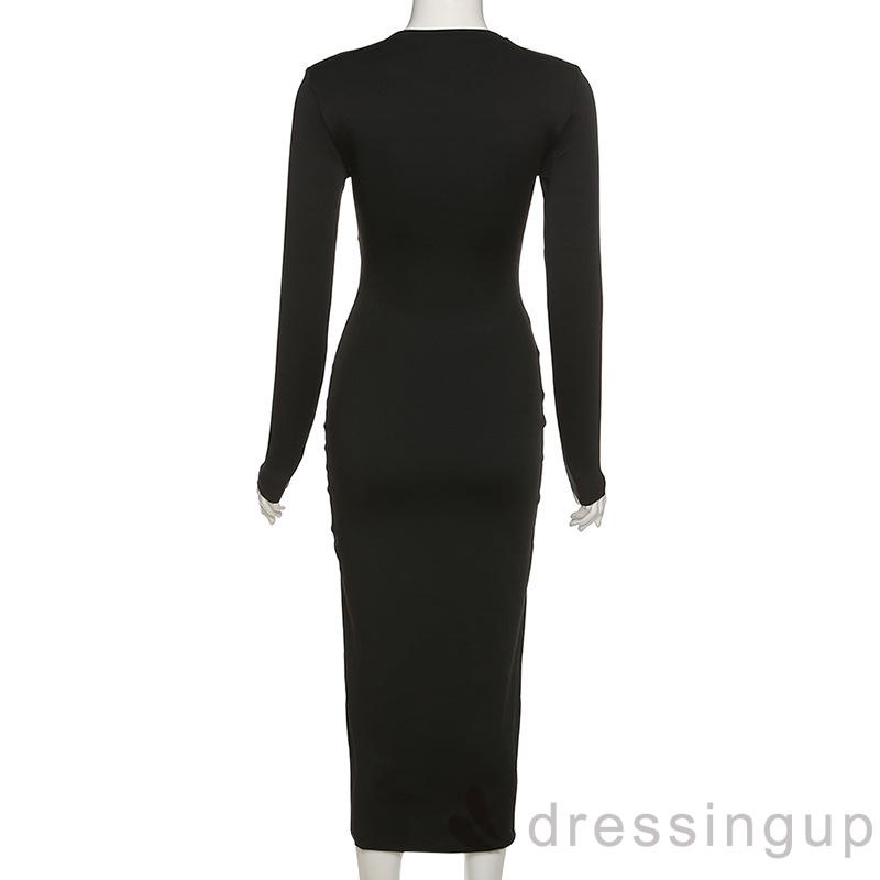 DRE-Ladies Cross Straps Fashion Long Sleeve Cross Straps High Split Wrapped Slit Dress