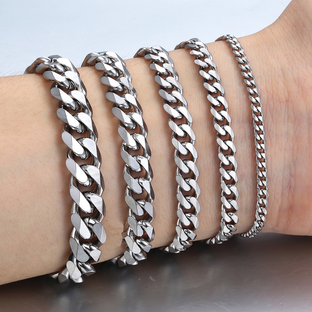 Vòng Tay Dạng Dây Xích 4-8mm 18cm Màu Bạc Dày Phong Cách Hip Hop Cho Nam Và Nữ