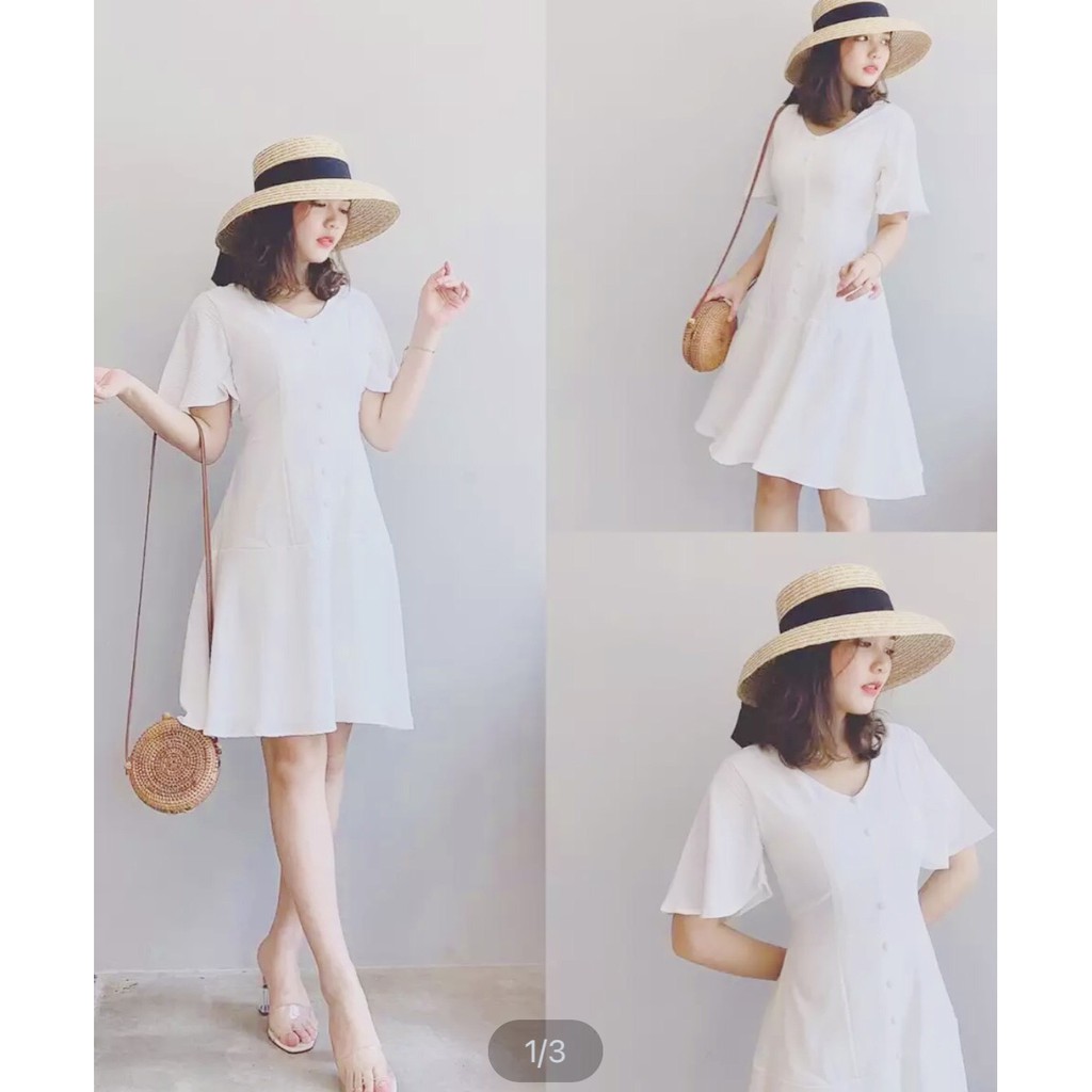 Đầm nữ trắng dự tiệc bọc nút cổ V công chúa siêu xinh - cece house