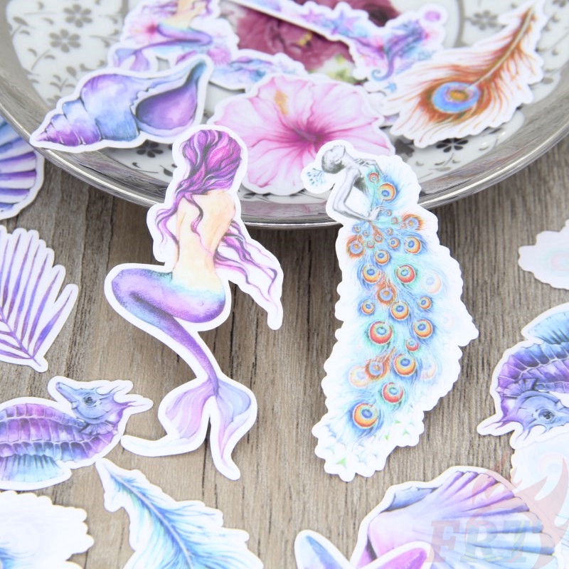 ❀ Purple Mermaid & Ocean Diary Giấy và decal dán tường ❀ 40Pcs/set Harajuku Album Scrapbooks DIY Decor Stickers GZ06737