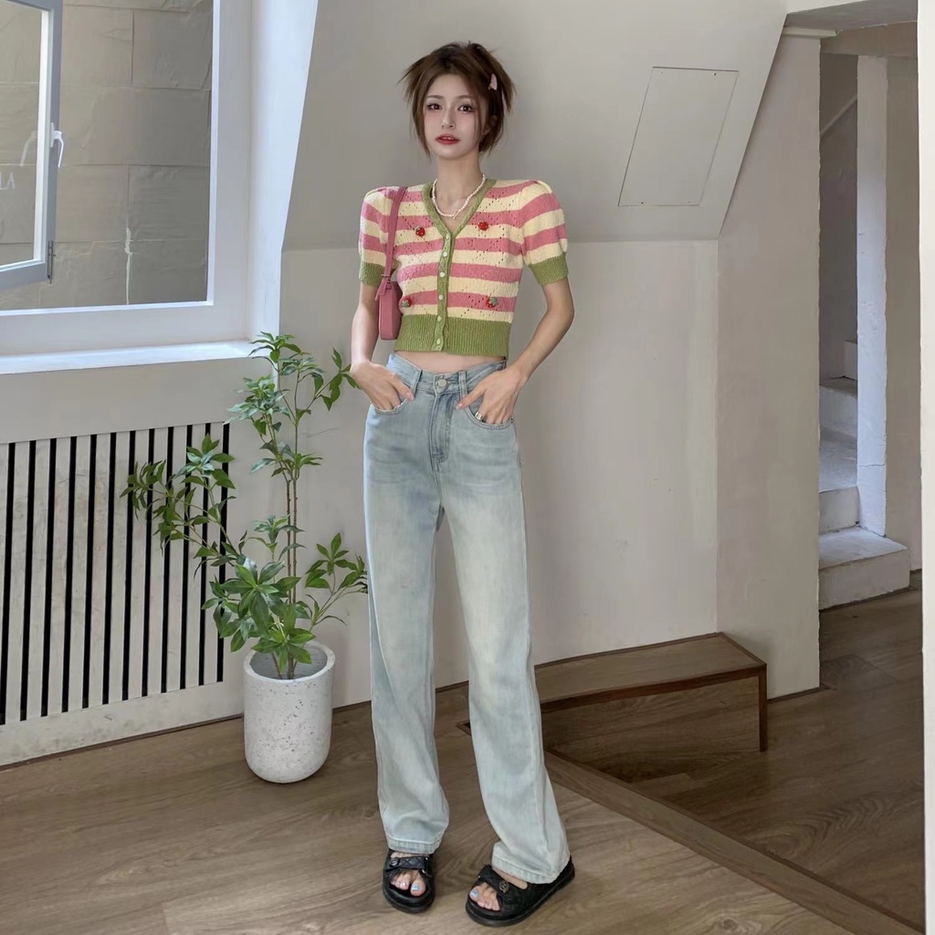 【Hana and Alice】Áo Cardigan Dệt Kim Tay Ngắn Kẻ Sọc In Hình Dâu Tây Dễ Thương