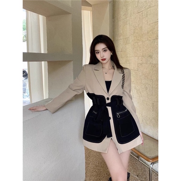 Đầm vest mix 2 màu,có dây thắt eo tôn dáng