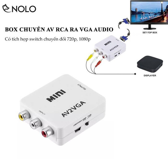 Hub Box Chuyển Đổi Tín Hiệu AV RCA ra VGA Audio CVSB Model AV2VGA Hỗ Trợ Phân Giải FullHD 1080P Có Switch 720p và 1080p