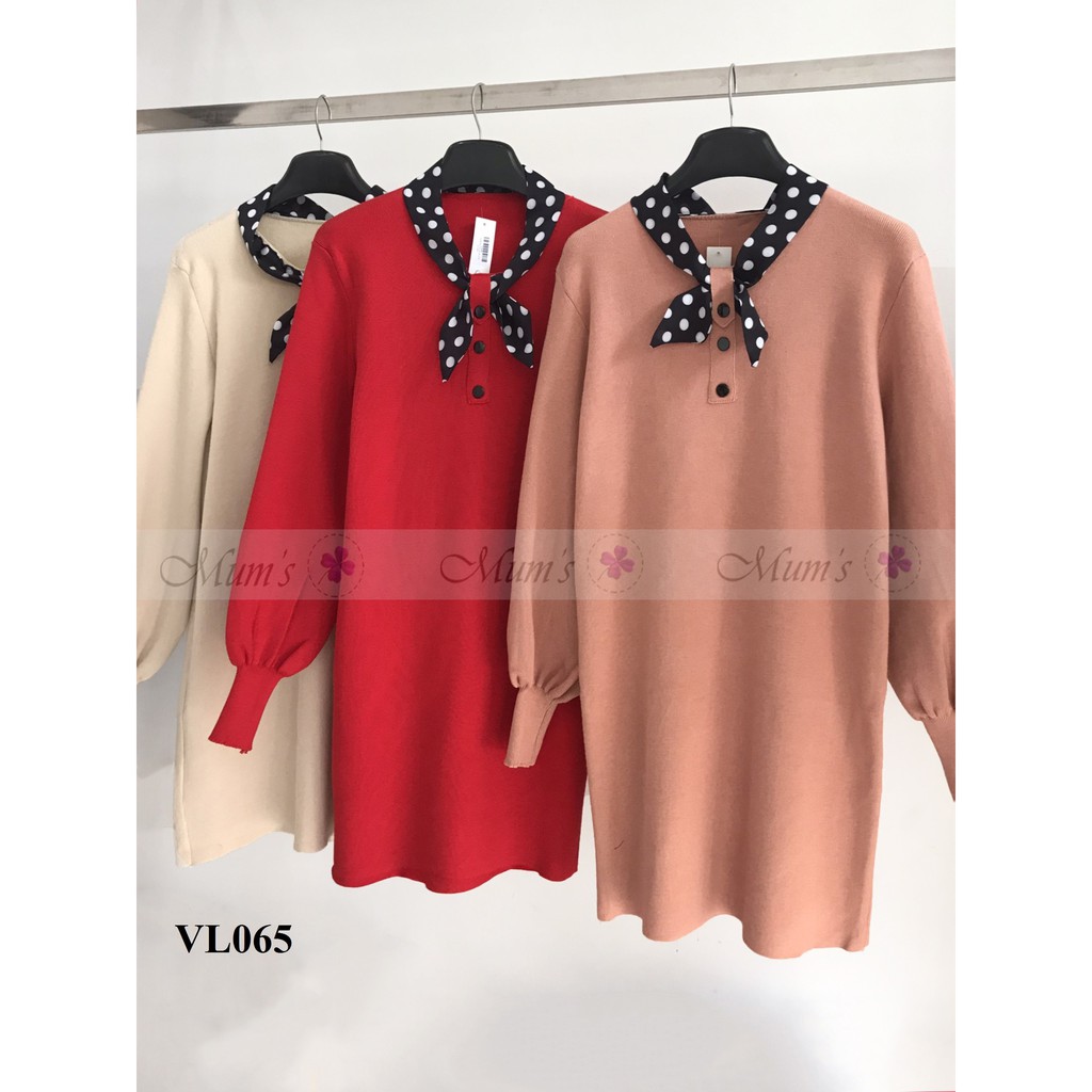 ĐẦM BẦU 😍 FREESHIP 😍VL065 - váy len cổ chấm bi, váy có màu hồng, be và đỏ mận