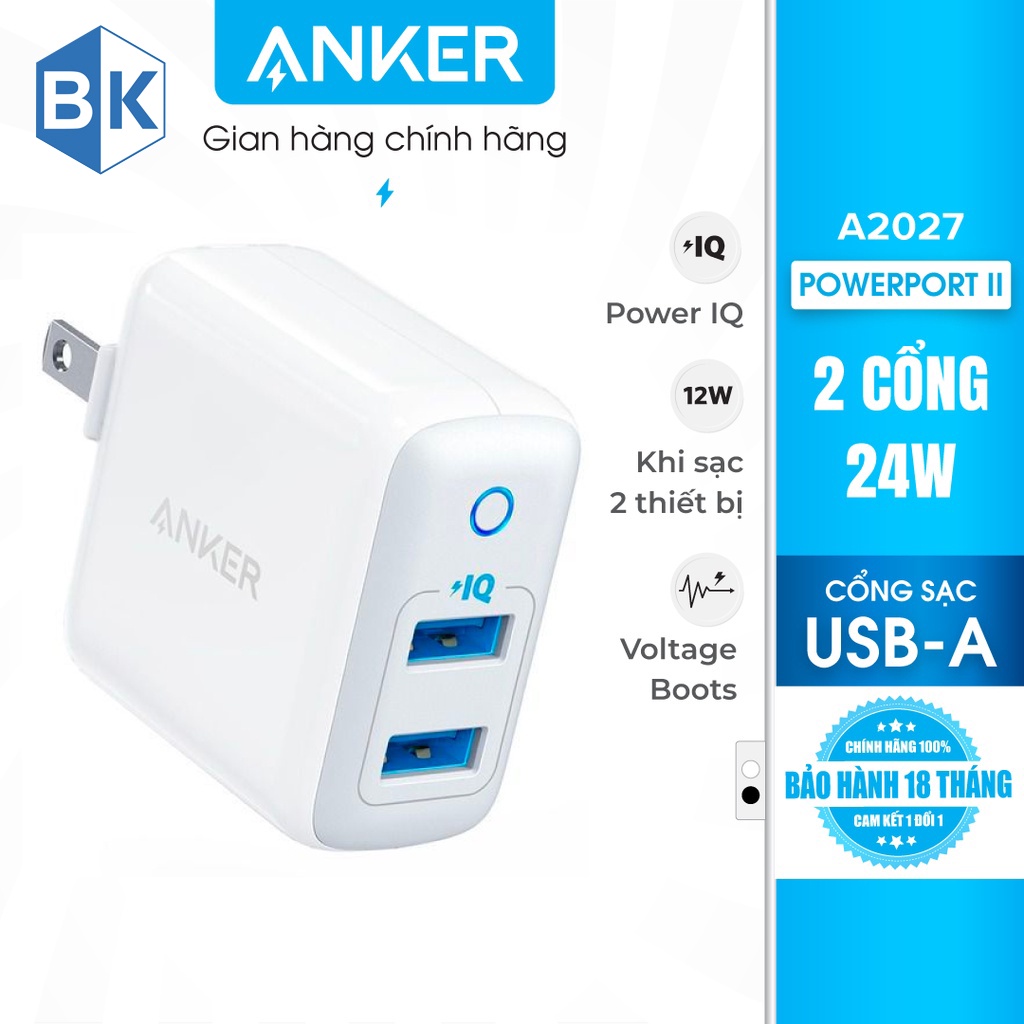 Củ Sạc Anker 2 Cổng PowerPort II 24W - A2027 dành cho Iphone/iPad, Chất lượng tốt, Giao hàng nhanh